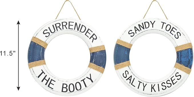 Hand Carved Lifesaver Rings Decor - Surrender the Booty and Sandy Toes, Salty Kisses Design - Nautical Beach Décor - Pool Safety Equipment - Outdoor Sign, Pool and Boat Decoration