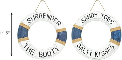 Hand Carved Lifesaver Rings Decor - Surrender the Booty and Sandy Toes, Salty Kisses Design - Nautical Beach Décor - Pool Safety Equipment - Outdoor Sign, Pool and Boat Decoration