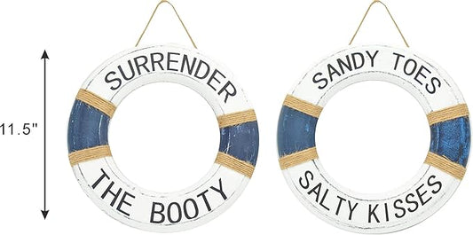 Hand Carved Lifesaver Rings Decor - Surrender the Booty and Sandy Toes, Salty Kisses Design - Nautical Beach Décor - Pool Safety Equipment - Outdoor Sign, Pool and Boat Decoration