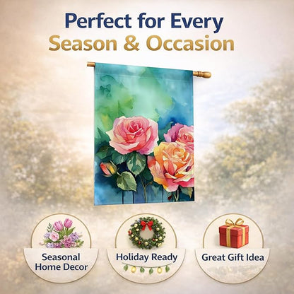 Caroline's Treasures New York Roses in Watercolor House Flag Large Porch Sleeve Pole Decorative Outside Yard Banner Artwork Wall Hanging, Polyester, House Size, Multicolor