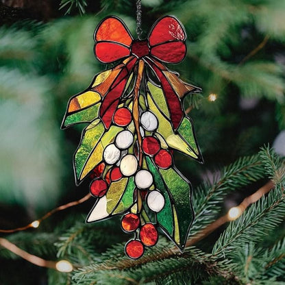 Mosaic Christmas Mistletoe Knot Acrylic Suncatcher Stained Glass Effect Window Car Hanging Christmas Ornament Indoor Outdoor Decor Garden Sun Catcher Panel for Women Mom Grandma