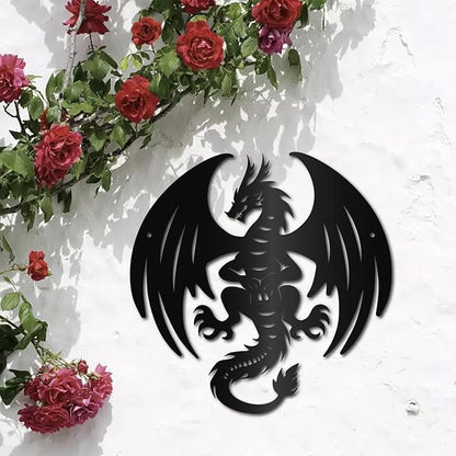 CREATCABIN Dragon Metal Wall Art Black Metal Wall Sculptures Iron Fly Dragon Western Fairytale Animal Wall Artwork Sign Ornament Decor for Living Room Office Garden Balcony Decoration 11.8 x 11.8 Inch