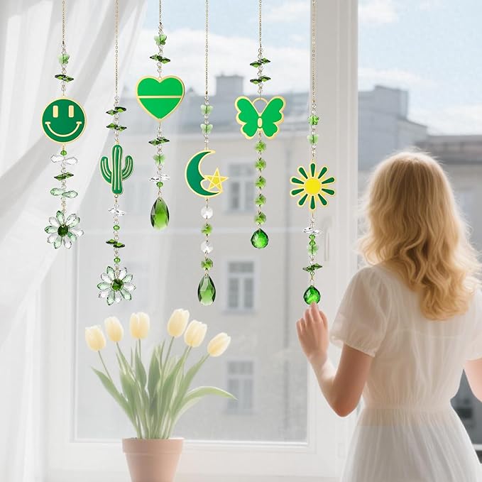 Crystal Sun Catcher Green Rainbow Maker Hanging Suncatchers Window Decor Christmas Ornaments for Tree Gift for Mom Women Set of 6