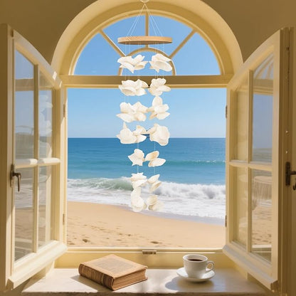 White Sea Shell Wind Chimes for Outside, Handmade Beach Style Windchime for Patio and Garden Decor, Beach & Coastal Decor, Sunroom Decoration, Ocean Themed Party