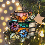 Floral Books and Tea Acrylic Suncatcher Stained Glass Effect Window Car Hanging Christmas Ornament Indoor Outdoor Decor Garden Sun Catcher Panel for Book Lover for Women Mom Grandma