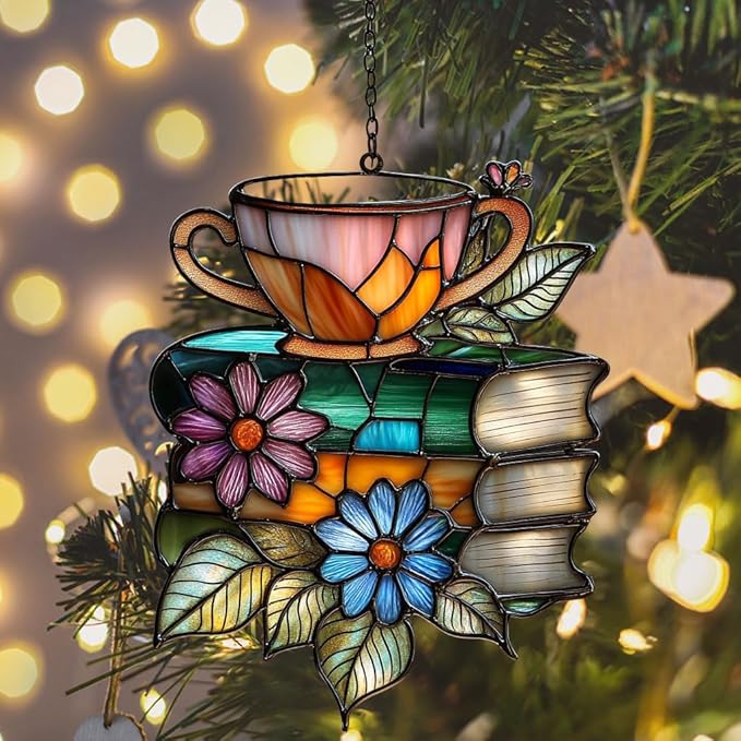 Floral Books and Tea Acrylic Suncatcher Stained Glass Effect Window Car Hanging Christmas Ornament Indoor Outdoor Decor Garden Sun Catcher Panel for Book Lover for Women Mom Grandma