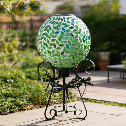 Stargarden Solar Gazing Ball, 10" Mosaic Gazing Ball,Glass Gazing Globe with Metal Stand, Decorative Solar Globes for Patio, Lawn, Garden Decor(Green Leaf)
