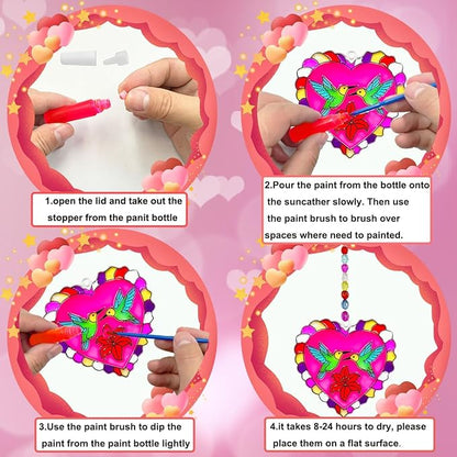 AUEKIV Valentines Suncatcher Crafts Kit 30 Sets Heart Suncatchers Window Art Paint Sun Catcher DIY Craft Kits Rose for Valentine's Day Classroom Activities Party Gift Exchange