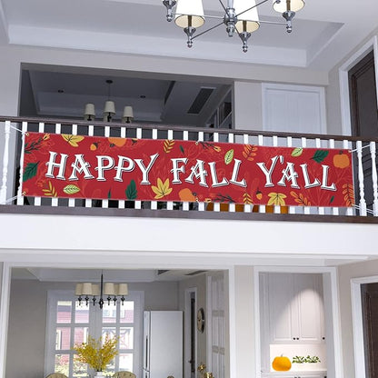 Probsin Happy Fall Banner 120"x 20" Decorations Outdoor Thanksgiving Decor Autumn Party Supplies Maple Leaves Happy Fall Y'all Holiday Harvest Welcome Hanging Backdrop for Garden Fence Yard Lawn Porch