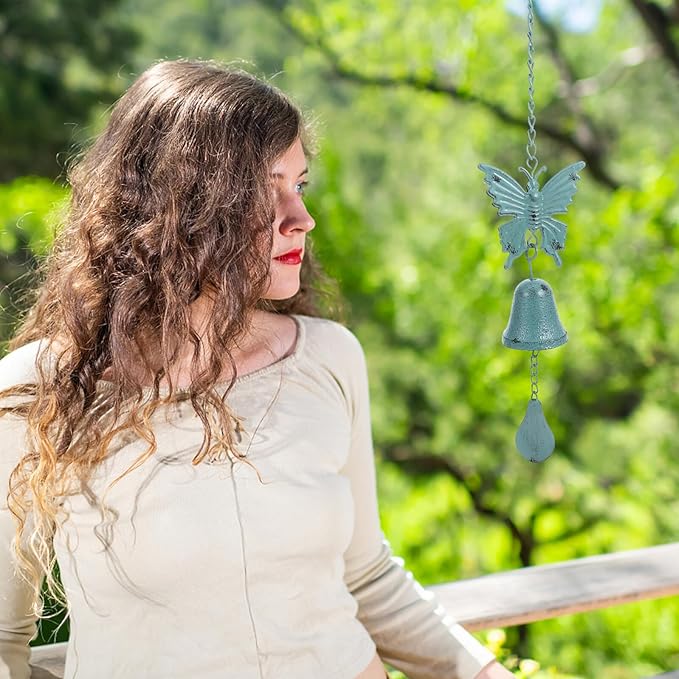 Vintage Cast Iron Butterfly Wind Chimes for Outdoor Garden Patio Hanging Decor Small Blue Wind Bells for Yard and Porch Outside Use