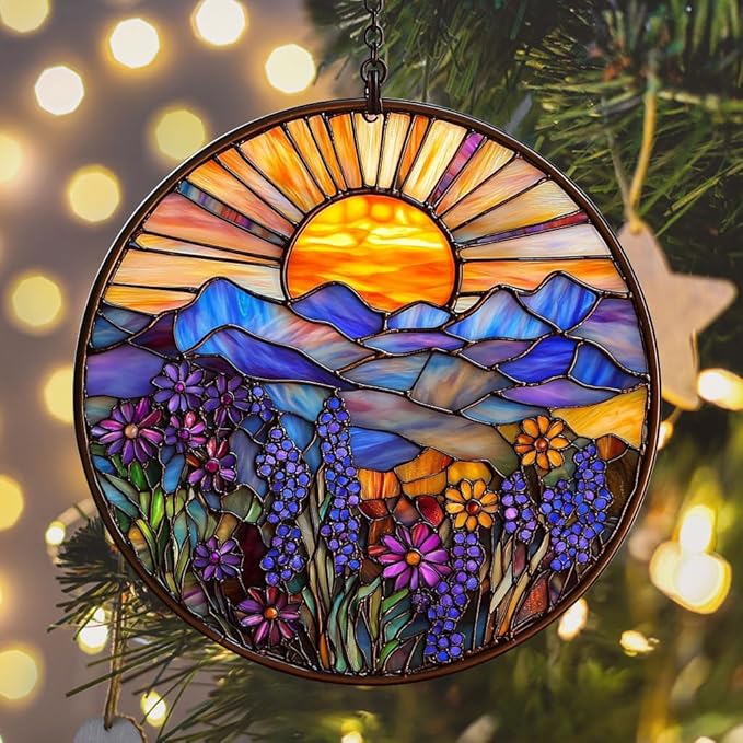 Flower Forest Hill Acrylic Suncatcher Stained Glass Effect Window Car Hanging Christmas Ornament Indoor Outdoor Decor Garden Sun Catcher Panel for Scenery Lover for Women Mom Grandma