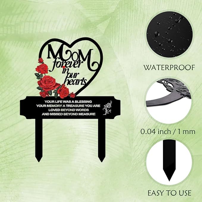 AIM & GGKK Metal Memorial Grave Marker for Mom - Heart Shaped Cemetery Decoration with Roses, Forever in Our Hearts Verse - 12.2" Tall Garden Stake for Gravesite