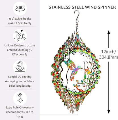 Aoedelyart Hummingbird Wind Spinner for Yard and Garden,12in 3D Wind Spinner Hummingbird Gift for Women/Mother/Father/Men,Hanging Bird Wind Catchers Kinetic Yard Art Ornaments Outdoor Wind Sculptures