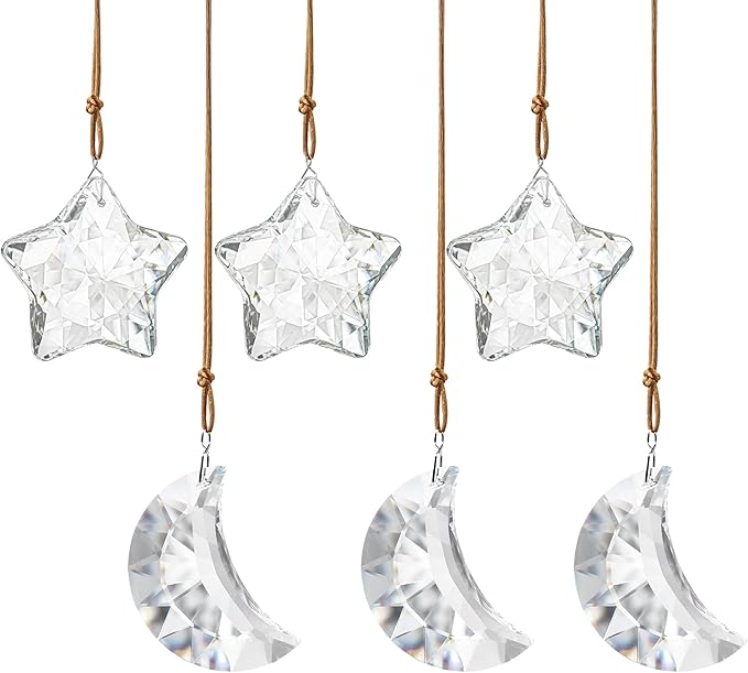 6pcs Clear Crystal Star and Half Moon Prisms Ornaments Faceted Glass Hanging Ornaments for Home Garden Window Wedding Party Decor
