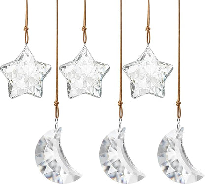 6pcs Clear Crystal Star and Half Moon Prisms Ornaments Faceted Glass Hanging Ornaments for Home Garden Window Wedding Party Decor