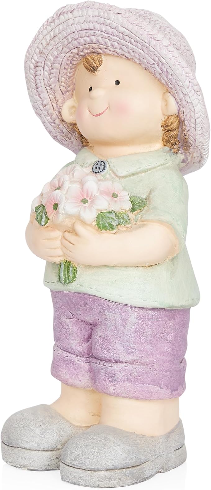 Alpine Corporation QWR1458 Outdoor Little Boy with Flowers Garden Statue, Playful Child Statue for Yard, 16" H, Purple