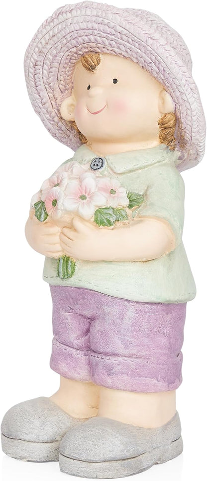 Alpine Corporation QWR1458 Outdoor Little Boy with Flowers Garden Statue, Playful Child Statue for Yard, 16" H, Purple