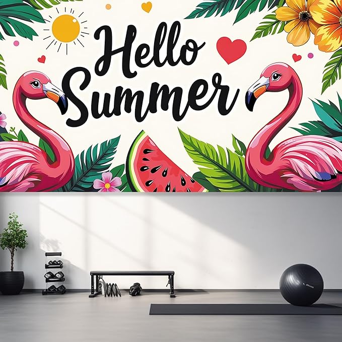 13x6 ft Hello Summer Flamingo Garage Door Banner - Colorful Flamingo Watermelon Pattern with Greeting Backdrop, Hanging Garage Decor - for Summer Welcome Pool Party, Fun Outdoor Wall Sign