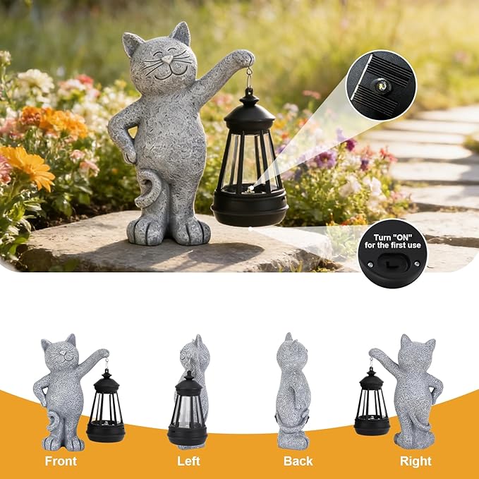 Solar Garden Cat Statue with LED Lights, Outdoor Cat Figurine for Cat Lovers, Yard Lawn Patio Home Decor, Mother’s Day Birthday Gifts for Women Mom Grandma