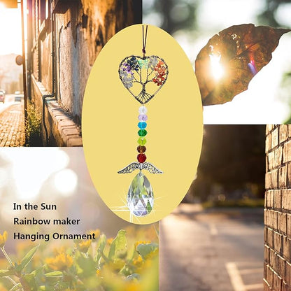 Healing Crystal Decor Tree of Life Car Hanging Accessories Suncatcher with Wings 7 Chakras Window Wall Hanging Decor Meditation Ornaments Home Decoration