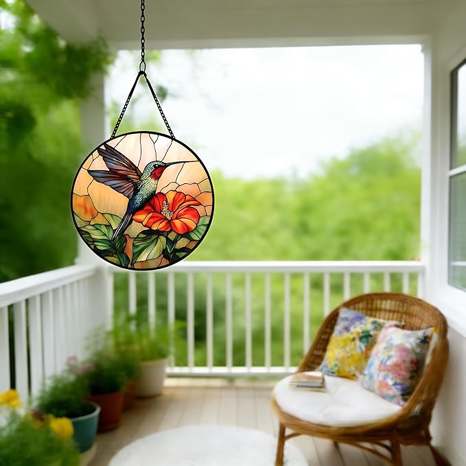 9.8In Hummingbird Stained Glass Window Hanging, Large Stained Glass Suncatcher for Indoor Home Decor, Vibrant Bird & Flower Window Suncatcher Ornament for Garden, Ideal Gift for Women Mom Bird Lovers