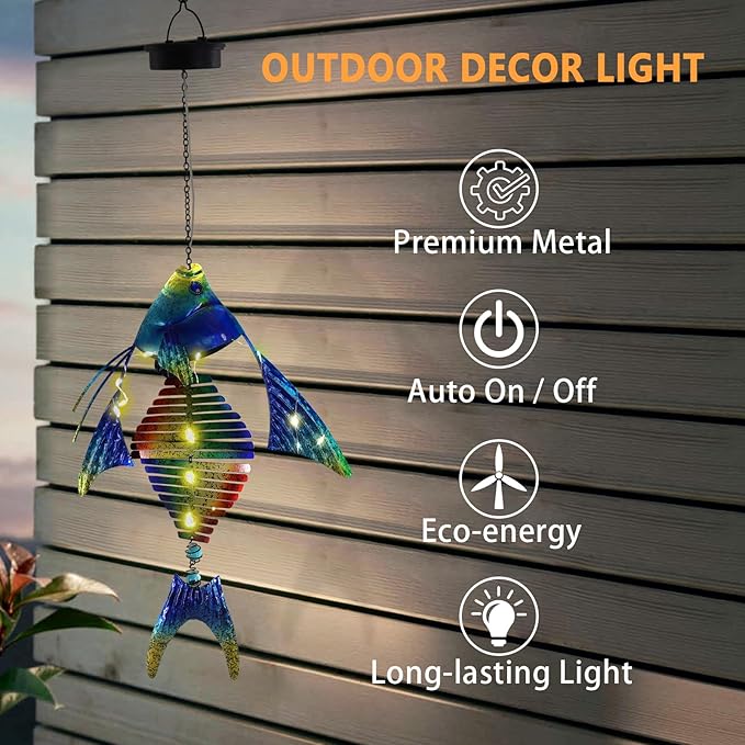 Fish Solar Outdoor Lights Hanging Lanterns Metal Decorative Lights for Backyard Porch Patio Yard Balcony Teepee Lawn Pathway…