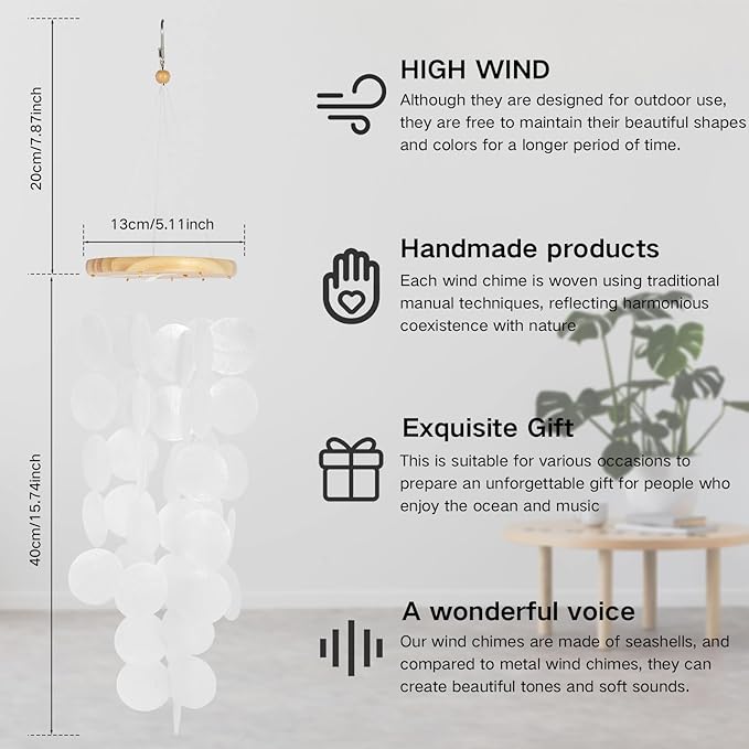 Shell Wind Chimes, Handmade Seashell Wind Chimes Hanging for Outside, Colorful/White Shell Wind Chimes Outdoor, Delicate Waterproof Lightweight Decoration Memorial Windchimes for Yard Porch Outdoor