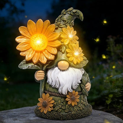 basen Solar Garden Gnome with Glowing Daisy Flower, Outdoor Solar Gnome Figurine for Yard Lawn Patio, Hand-Painted Resin Garden Statue Decor with LED Light for Landscape, Garden Ornament Gift