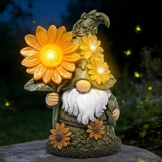 basen Solar Garden Gnome with Glowing Daisy Flower, Outdoor Solar Gnome Figurine for Yard Lawn Patio, Hand-Painted Resin Garden Statue Decor with LED Light for Landscape, Garden Ornament Gift