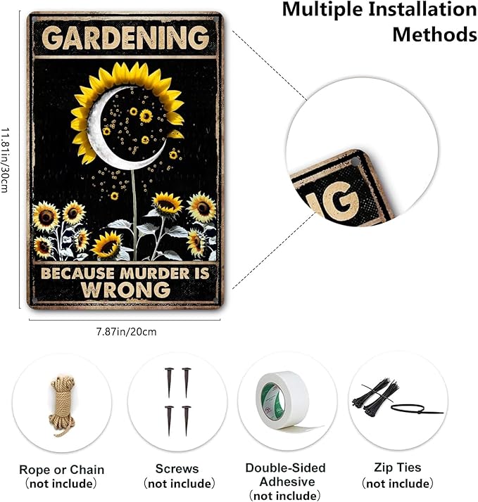 Gardening Gifts for Women Because Murder Is Wrong Metal Tin Signs Funny Garden Signs for Home Garden Greenhouse Yard Backyard Outdoor Decor(8 X 12) Inch