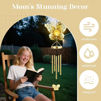 JYPS Butterfly Solar Wind Chimes, 40-Inch Large Waterproof Windchime for Outside with Glowing Crackle Glass Ball, Garden Patio Yard Decor Christmas Day Birthday Unique Gifts for Women Mom Grandma Wife