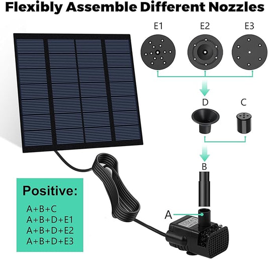 Solar Fountain, Solar Pump for Fountain with 4 Nozzles & 9.84FT Power Cable, DIY Solar Water Pump Kit for Birdbath, Garden, Pond, Pool, Outdoor