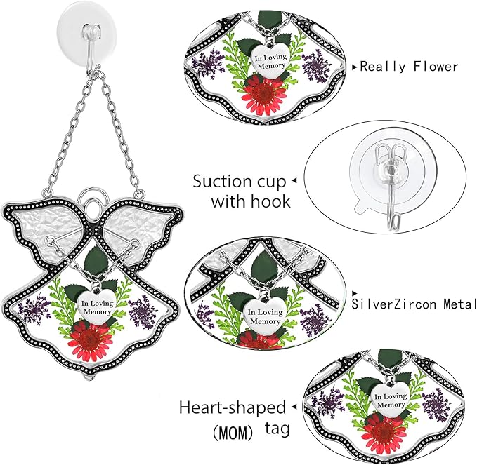 KY&BOSAM Angle Suncatcher in Loving Memory Glass Sun Catchers for Windows Hanging Wind Chime Ornament Pressed Real Flower and Metal Heart Charm Sympathy Bereavement Memorial for Loss Gift
