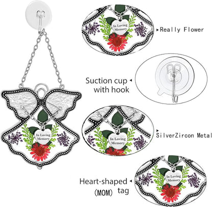 KY&BOSAM Angle Suncatcher in Loving Memory Glass Sun Catchers for Windows Hanging Wind Chime Ornament Pressed Real Flower and Metal Heart Charm Sympathy Bereavement Memorial for Loss Gift