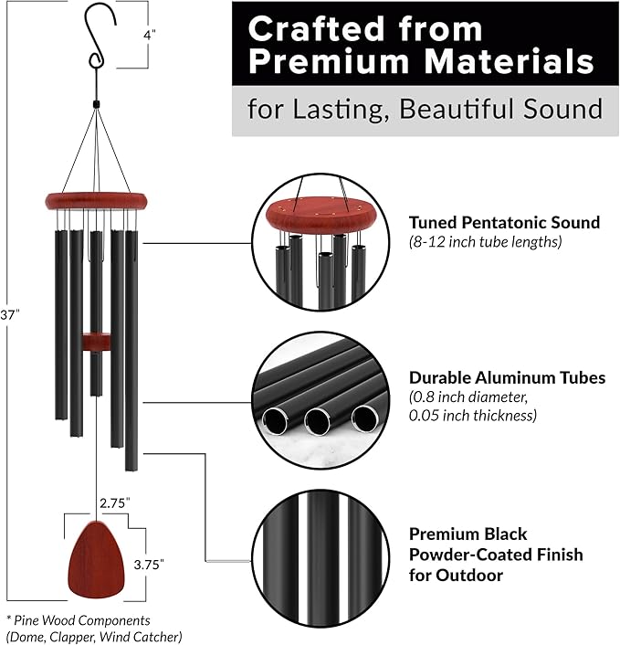 Wind Chimes for Outside - 37" Large Wind Chimes, Classic Black Aluminum Windchimes Outdoors, Zen Gift for Mom, Outdoor Garden Patio Decoration