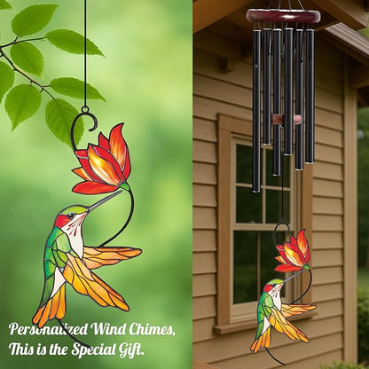 Personalized Metal Wind Chime Garden Sign, 40 Inch Outdoor Colorful Bird & Flower Memorial Decor, Yard Hanging Plaque for Patio Porch Lawn (JSTY382)