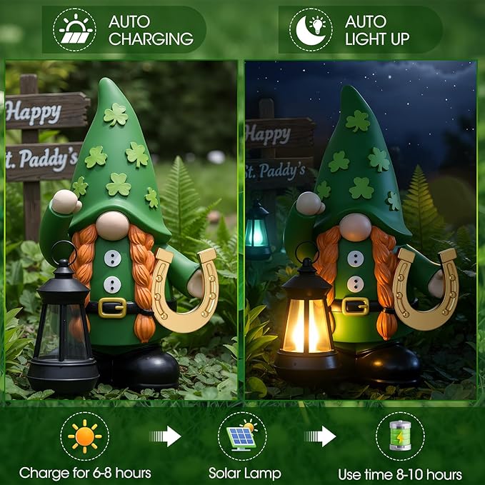 Capoda Solar Jesus Figurine 8 Inch, He is Risen Easter Statue with Glowing Lantern, Jesus Loves You Christian Resin Outdoor Garden Statue Decor, Religious Easter Gifts(St. Patrick's Day,Green)