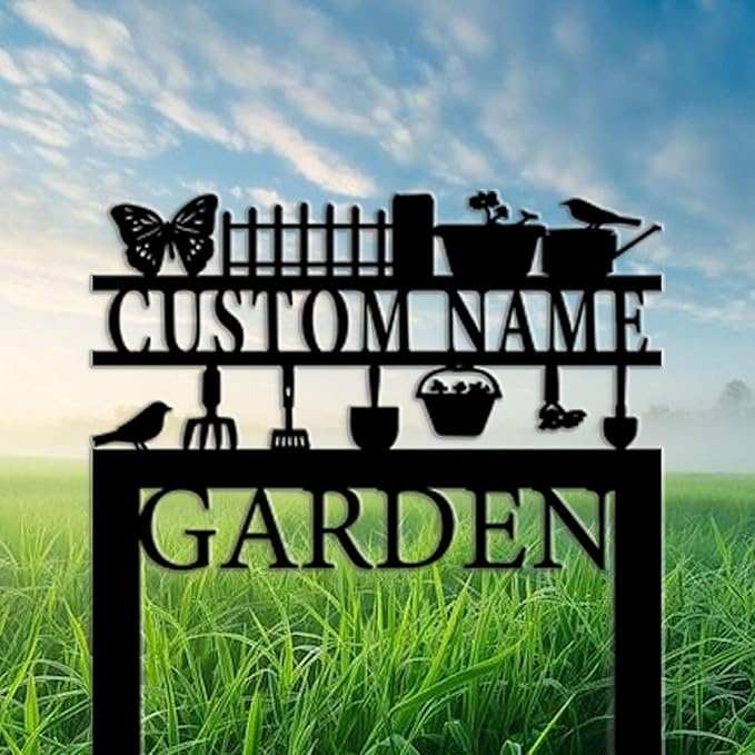 Personalized Garden Signs,Custom Wrought Iron Lawn Signs with Butterflies and Weeding Tools-Insertable Metal Art for Outdoor, Courtyard,and Flower Bed Decor-Custom Outdoor Plaques