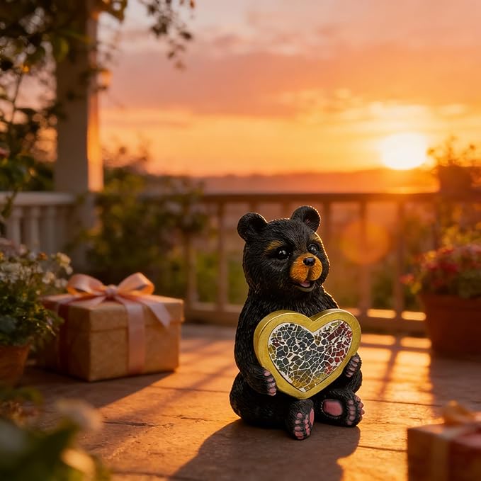 Solar Turtle Garden Statue Lights for Outdoor Decor with Cracked Glass LED Figurine Lighting Resin Succulent Tortoise Decorations Patio Lawn Yard Housewarming Mom Gifts (Black Bear)