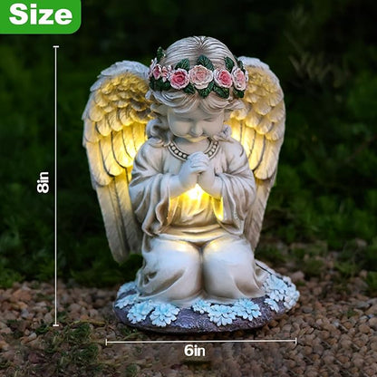 VEEKI Solar Angel Garden Statue Outdoor, Resin Angel Statues Solar Figurine Lights Outdoor Waterproof, Angel Sculpture for Outside Garden Yard Patio Grave Cemetery Decor, Sympathy Memorial Gift