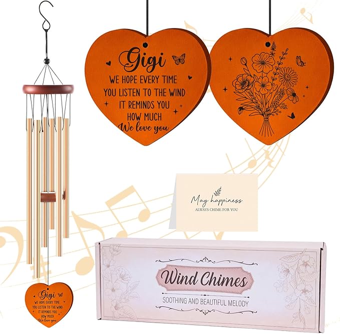 Gigi Gifts for Mother's Day Birthday Christmas Thanksgiving from Grandkids Grandchildren, Gigi Garden Gifts for Grandma, 26Inch Wind Chimes for Outside with S Hook Greeting Card