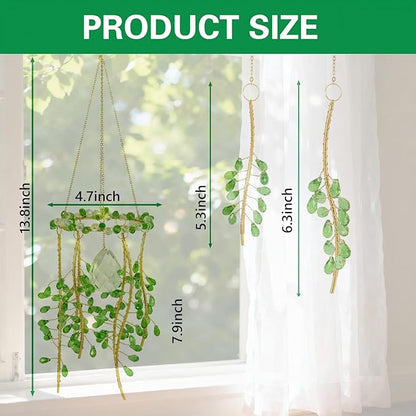 3 Pcs Crystal Suncatchers for Window Boho Decor, Green Plants Artificial Hanging Wind Chime Sun Catchers with Chain Rainbow for Indoor OutdoorDecor Plant Lover Gift (Blue)