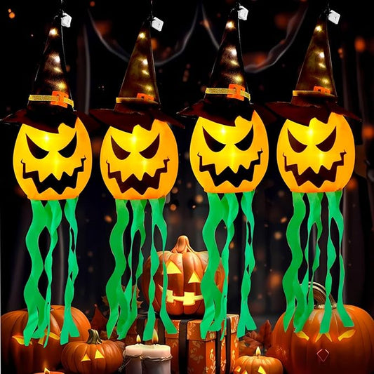 Halloween Decorations Outdoor Halloween Decor Hanging Outdoor Lights Glowing Pumpkin Witch Hat Indoor Ornaments Lights for Party Porch Tree Yard (4Pcs)