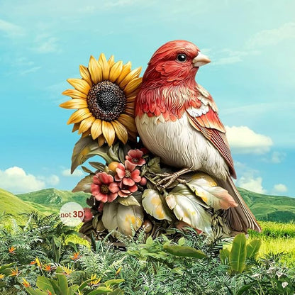 Garden Stake Decor, Acrylic 2D Flat Cute Animal Statue, Fairy Sculptures Ornament Indoor Outdoor Yard Lawn Pot Plant Decorative Accessories (Sunflower&Bird)