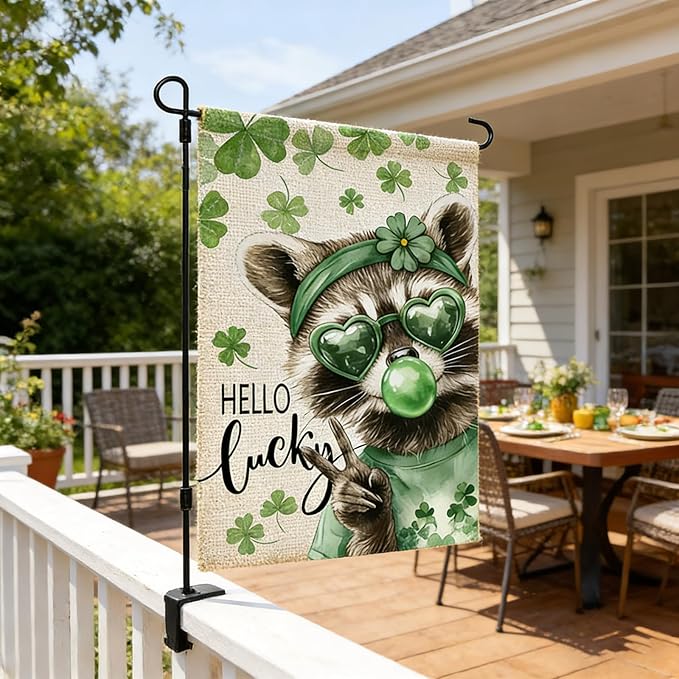 St. Patrick's Day Garden Flag, 12x18 Double Sided Raccoon Lucky Shamrock Garden Flags for Outside, St. Patrick's Day Decorations, Spring Seasonal Flags, Green Luck Clover Yard Flag for Outside Decor