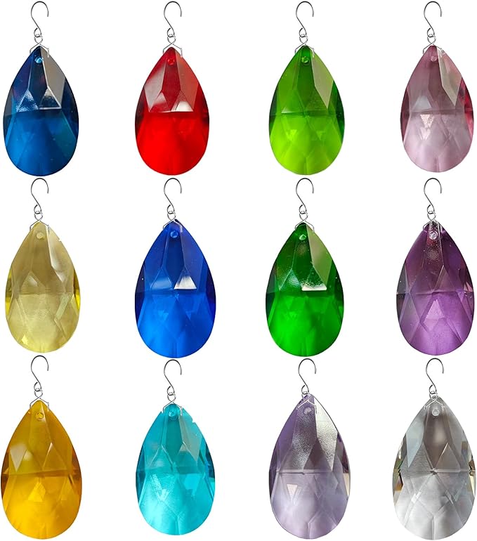12 PCS Colorful Crystal Glass Prism Suncatcher, Christmas Hanging Ornaments, Rainbow Pendants Maker, Hanging Crystals Prisms for Windows, Xmas Tree Decorations for Home Decor