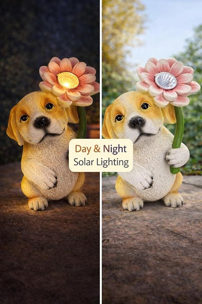 GoGnome Set of 3 Solar Animal Garden Lights – Resin Bunny, Cat & Dog Figurines with Warm LED Flower, Solar Powered Outdoor Décor for Garden, Patio, Yard, Balcony (Puppy/Kitten/Rabbit)