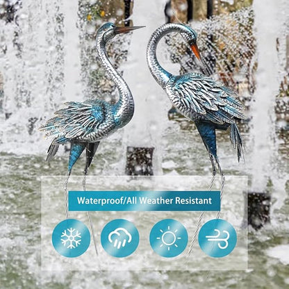 37-40Inch Outdoor Crane Garden Statues, Blue Heron Garden Statues, Large Metal Cranes for Yard, Lawn, Patio, Pond, Set of 2