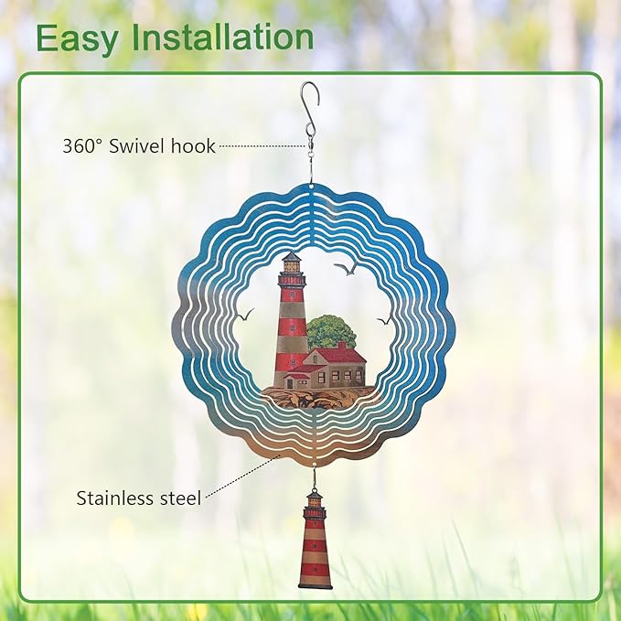 Lighthouse Wind Spinner,Metal Wind Spinners for Outdoor,3D Double Sided Hanging Beach Decor for Indoor,Outdoor,Unique Gifts for Women
