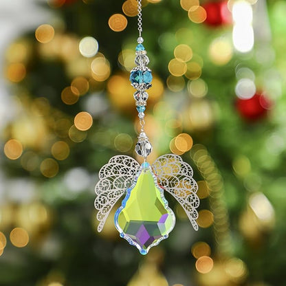 HDCRYSTALGIFTS 14'' Crystal Guardian Angel Suncatcher Rainbow Crystal Prisms Sun Catcher for Home Window Garden Hanging Decor Glass Angel Ornaments for Christmas Tree